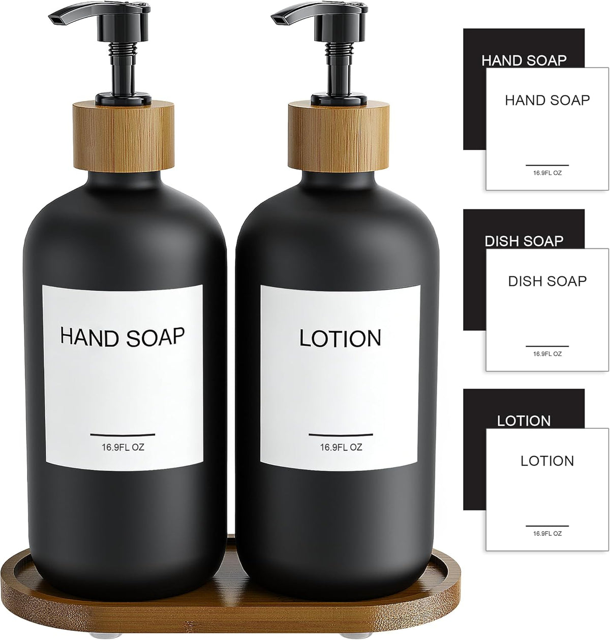 MASADI Black Soap Dispenser Set with Tray, Dish and Hand soap Lotion Dispenser Set with Wooden Pump for Kitchen and Bathroom Decor for Counter, Modern Vintage Liquid Soap Dispensers