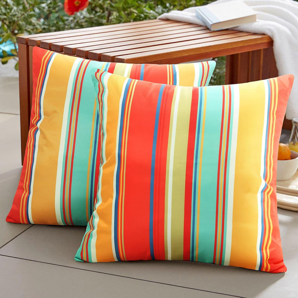 Pyonic Outdoor Pillow Covers 16x16 Inch Waterproof Decorative Stripe Throw Pillow Covers for Couch Chair Patio Porch, Pack of 2(Colorful Red)