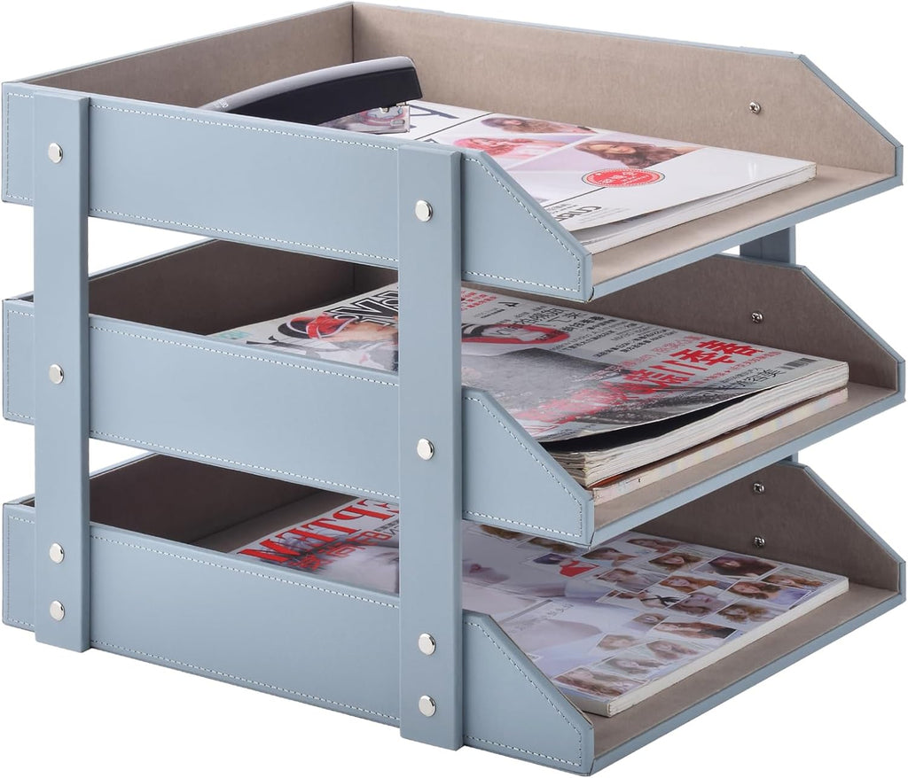 Leather Desk Organize Holder,3-Layer Stackable Letter Tray,Used to Store documents,Folders,Stationery,Magazines,Paper,and Other Home Office Supplies,Desk File Rack (Grey)