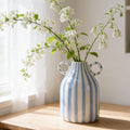 Ceramic Blue and White Striped Vase with Handle, Modern Minimalist Coastal Decor Home for Centerpieces for Tables, Kitchen Office, Bookshelf, Bedroom Aesthetic Decor (A)