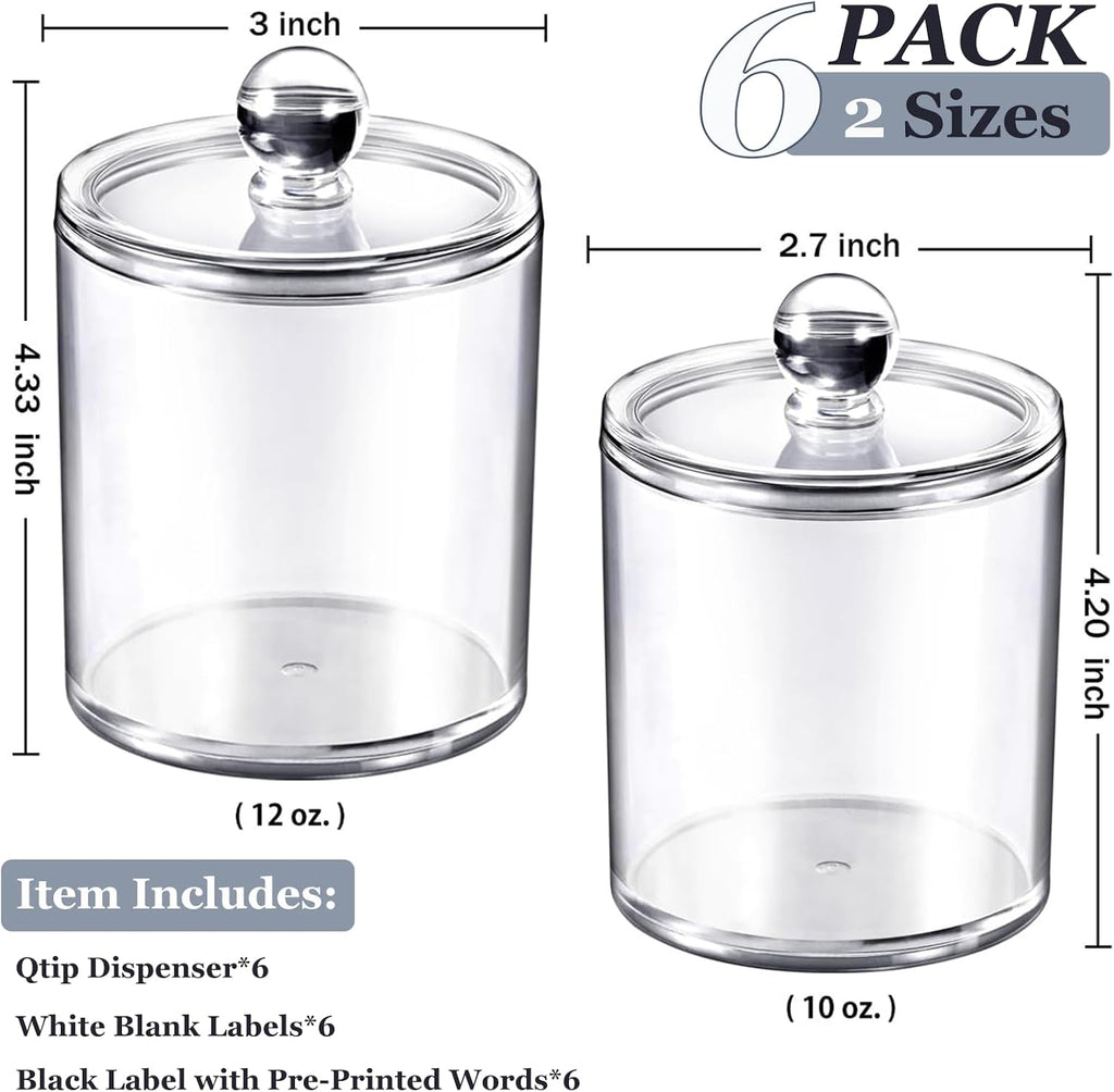 6 Pack Acrylic Qtip Holder with Labels, Qtip Jars for Bathroom