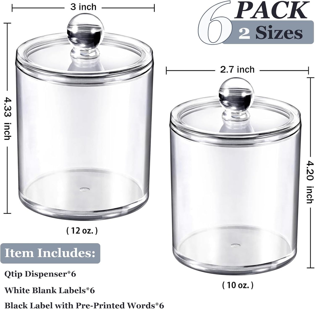 6 Pack Acrylic Qtip Holder with Labels, Qtip Jars for Bathroom