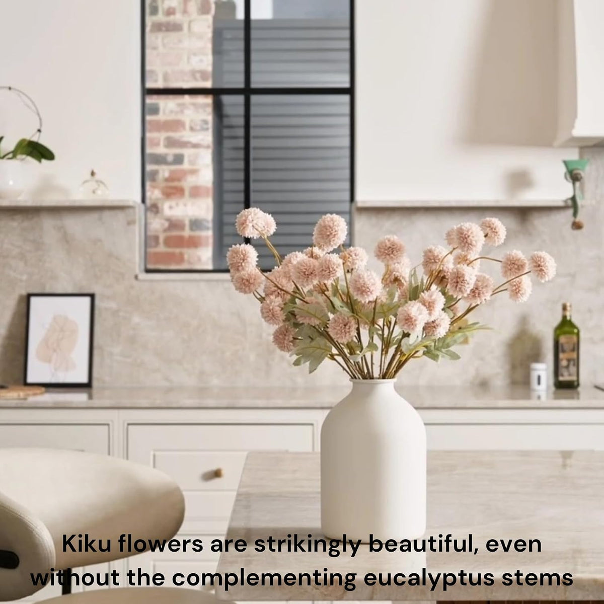 Artificial Flowers for Vase - 12 Stems Beige Faux Silk Mums with Eucalyptus