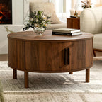 ZttRiee Round Coffee Table with Sliding Doors, Mid-Century, Walnut