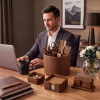 4 Pcs Aesthetic PU Leather Desk Organnizer Set, Brown