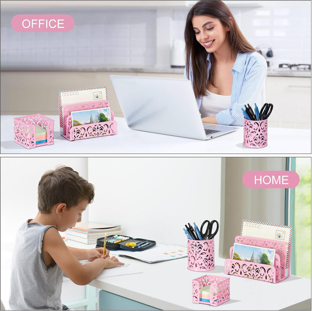 EasyPAG Desk Organizers and Accessories 3 Pieces Office Organizer Set - Pen Holder for Desk, Mail Sorter Countertop and Sticky Note Holder, Pink