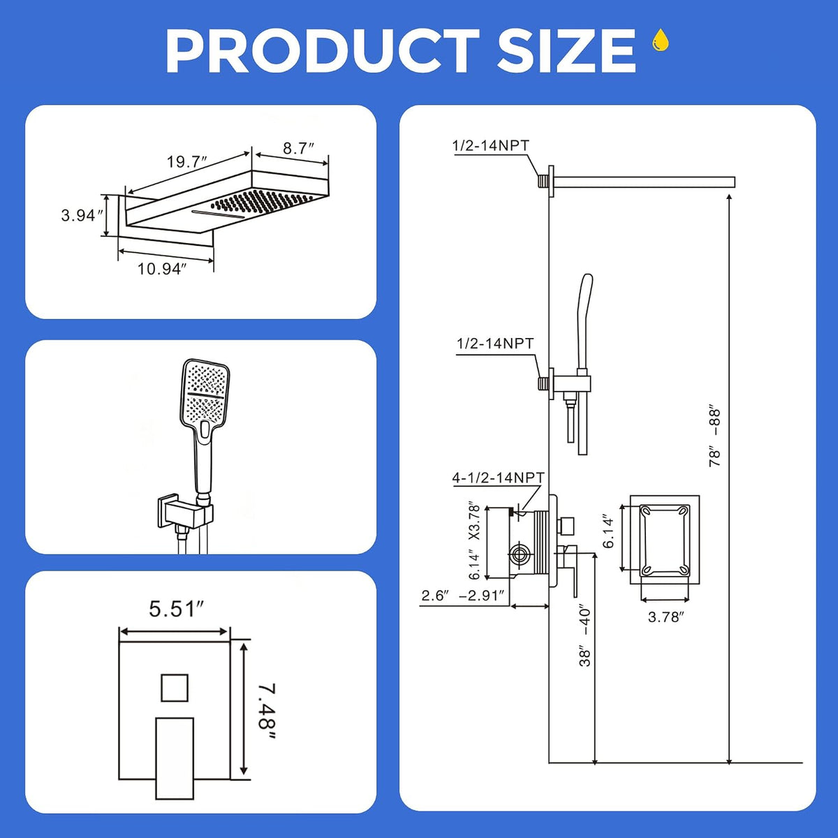 Waterfall Rainfall Shower Faucet Set, Matte Black