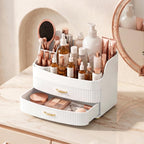 Makeup Organizer for Countertop Vanity Skincare Storage for Perfume Lipstick Bathroom Dresser Desk with Drawers And Brush Holder (White)