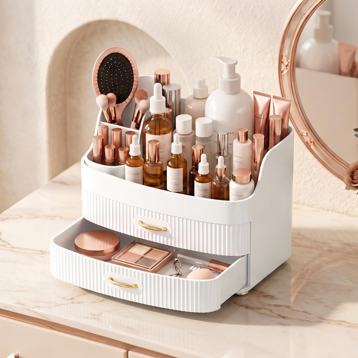 Makeup Organizer for Countertop Vanity Skincare Storage for Perfume Lipstick Bathroom Dresser Desk with Drawers And Brush Holder (White)