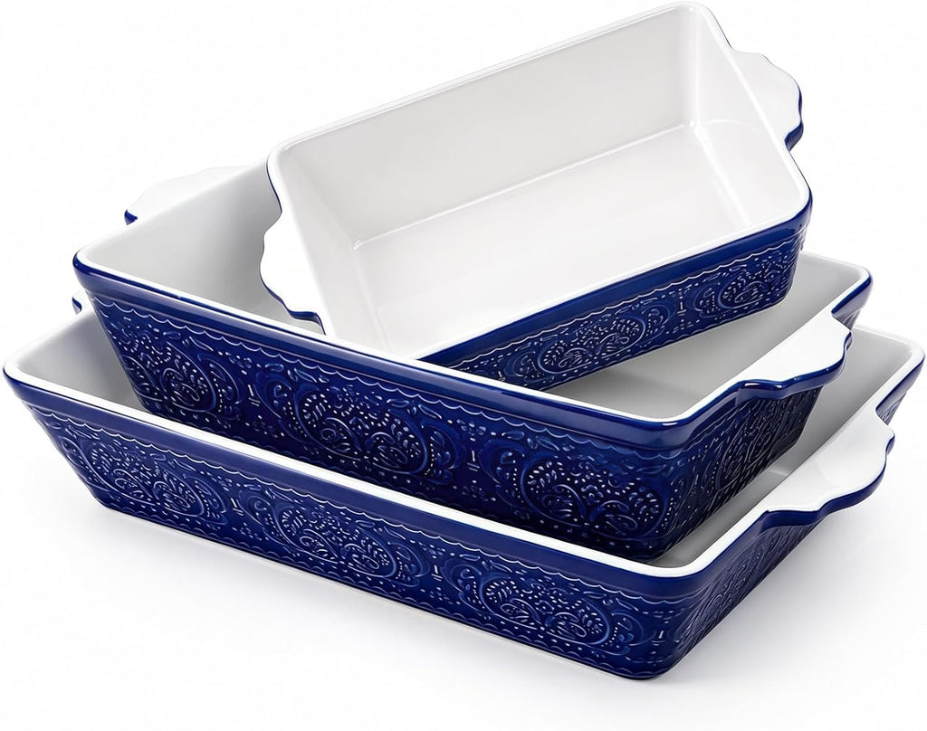SOUJOY Set of 3 Ceramic Bakeware Set, Rectangular Baking Dishes with Handle