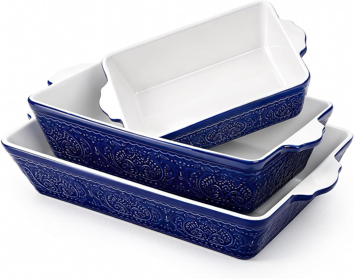 SOUJOY Set of 3 Ceramic Bakeware Set, Rectangular Baking Dishes with Handle
