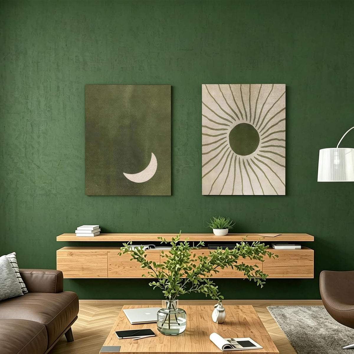 PYOYGU Sage Green Boho Sun & Moon Bedroom Wall Decor Set of 2, 12x16 In