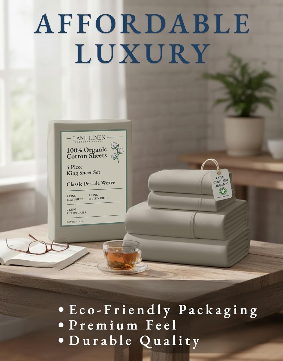 LANE LINEN King Bed Sheet Set 100% Organic Cotton 4pc Percale Soft - Silver