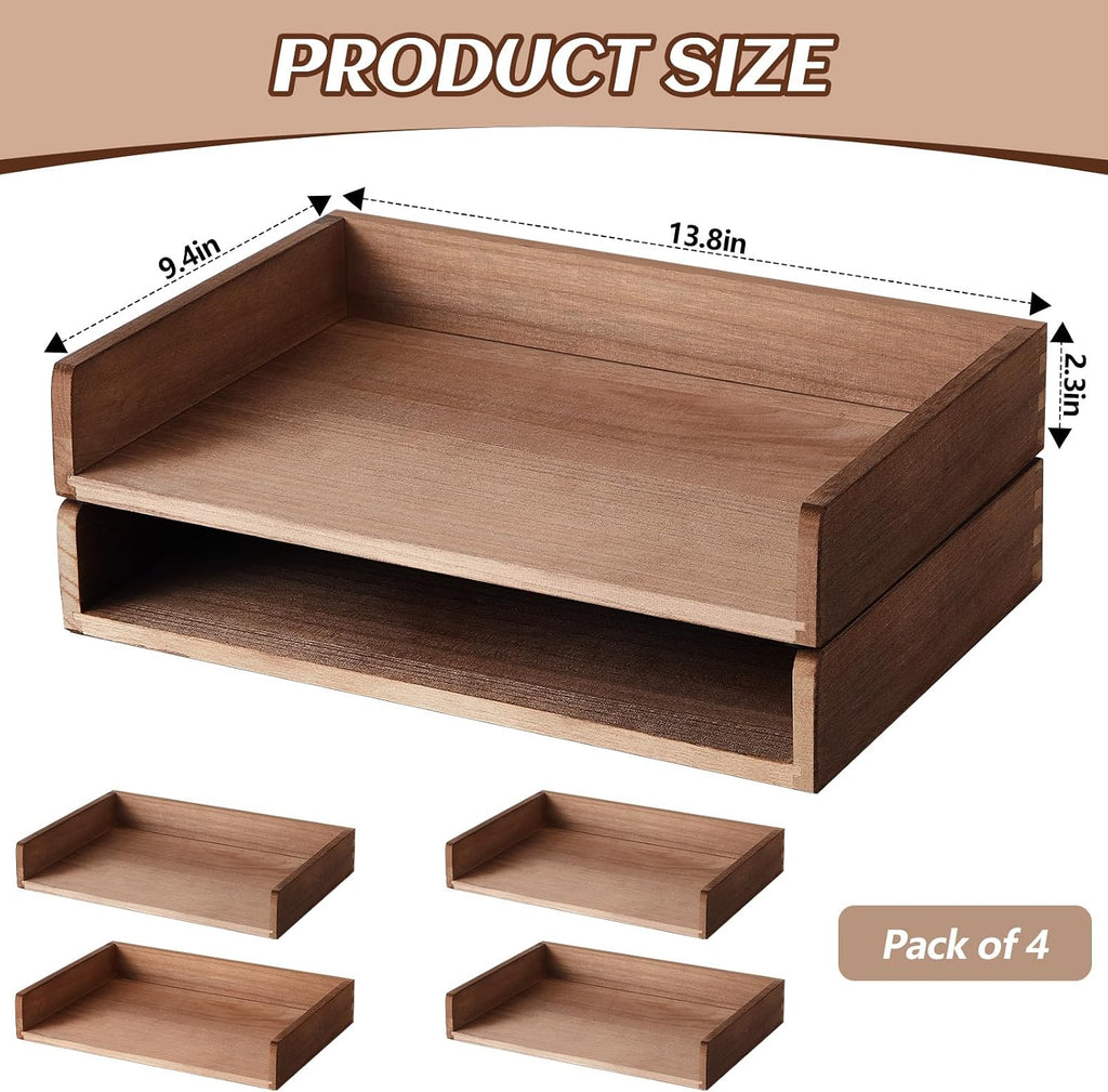 Yeaqee 4 Pcs Stackable Organizer Tray Wood Desk Organizer, Dark Wood Color