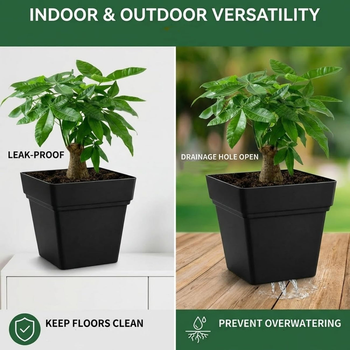 6-Pack 7 Inch Square Planters with Built-in Drainage Tray & Bottom Plug
