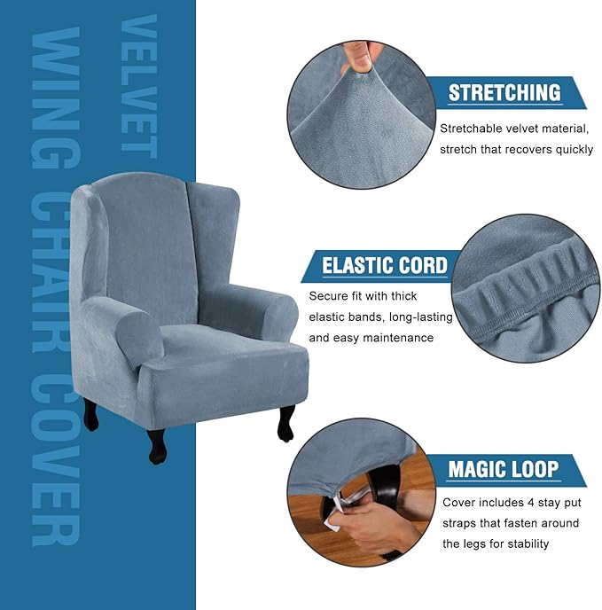 H.VERSAILTEX Wingback Chair Covers Velvet Plush Wing Chair Slipcover 1 Piece - Image 2