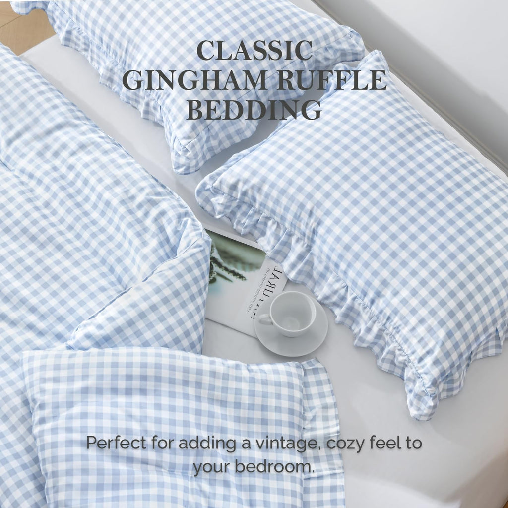 Andency Blue Gingham Ruffle Comforter Queen, 3 Pieces Vintage Bedding