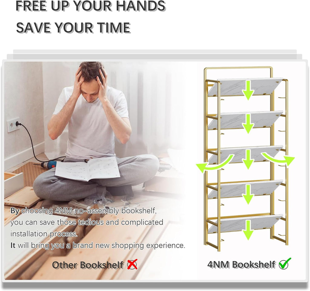 4NM No Assembly 5 Tier Folding Bookshelf Tall Storage Shelves Vintage Bookcase Standing Racks for Bedroom Living Room Home Office