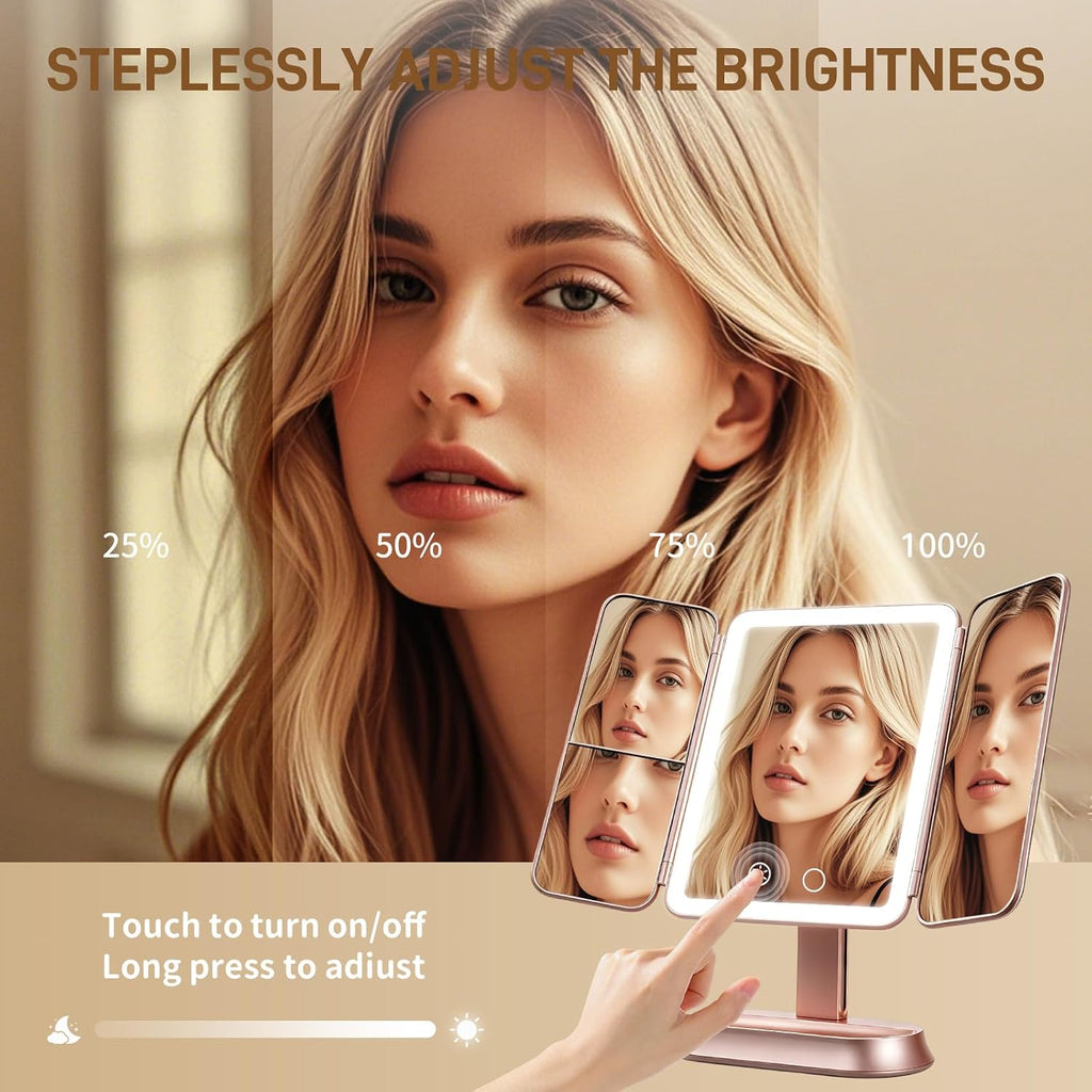 FRANO Lighted Makeup Mirror with 1X/3X/5X Magnification, Elegant Rose Gold Trifold Vanity Mirror, Smart Touch & Sensor, 3 Lighting Modes, Rechargeable Portable Mirror for Gift - Rose Gold
