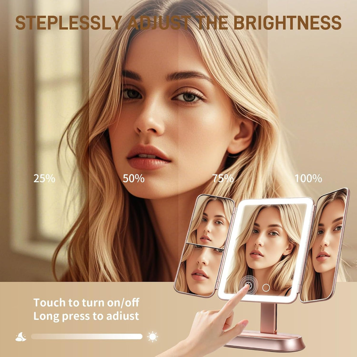 FRANO Lighted Makeup Mirror with 1X/3X/5X Magnification, Elegant Rose Gold Trifold Vanity Mirror, Smart Touch & Sensor, 3 Lighting Modes, Rechargeable Portable Mirror for Gift - Rose Gold