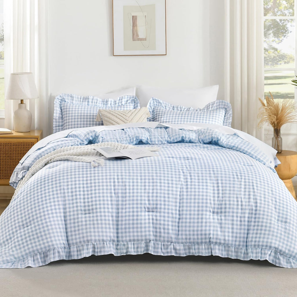 Andency Blue Gingham Ruffle Comforter Queen, 3 Pieces Vintage Bedding