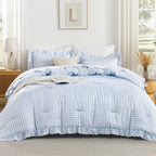 Andency Blue Gingham Ruffle Comforter Queen, 3 Pieces Vintage Bedding