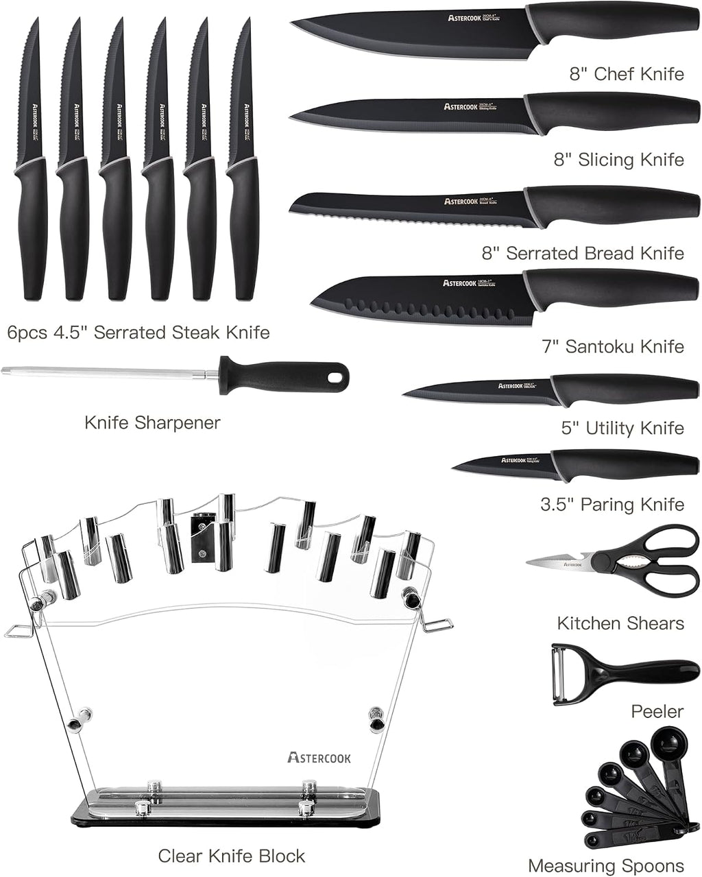 Astercook Knife Set with Block and Sharpener, 22 Piece Kitchen Knife Set Dishwasher Safe, Space-Saving Clear Knife Block with Knives for Everyday Home Cooking Black