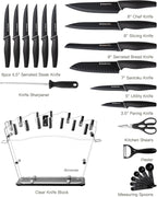 Astercook Knife Set with Block and Sharpener, 22 Piece Kitchen Knife Set Dishwasher Safe, Space-Saving Clear Knife Block with Knives for Everyday Home Cooking Black