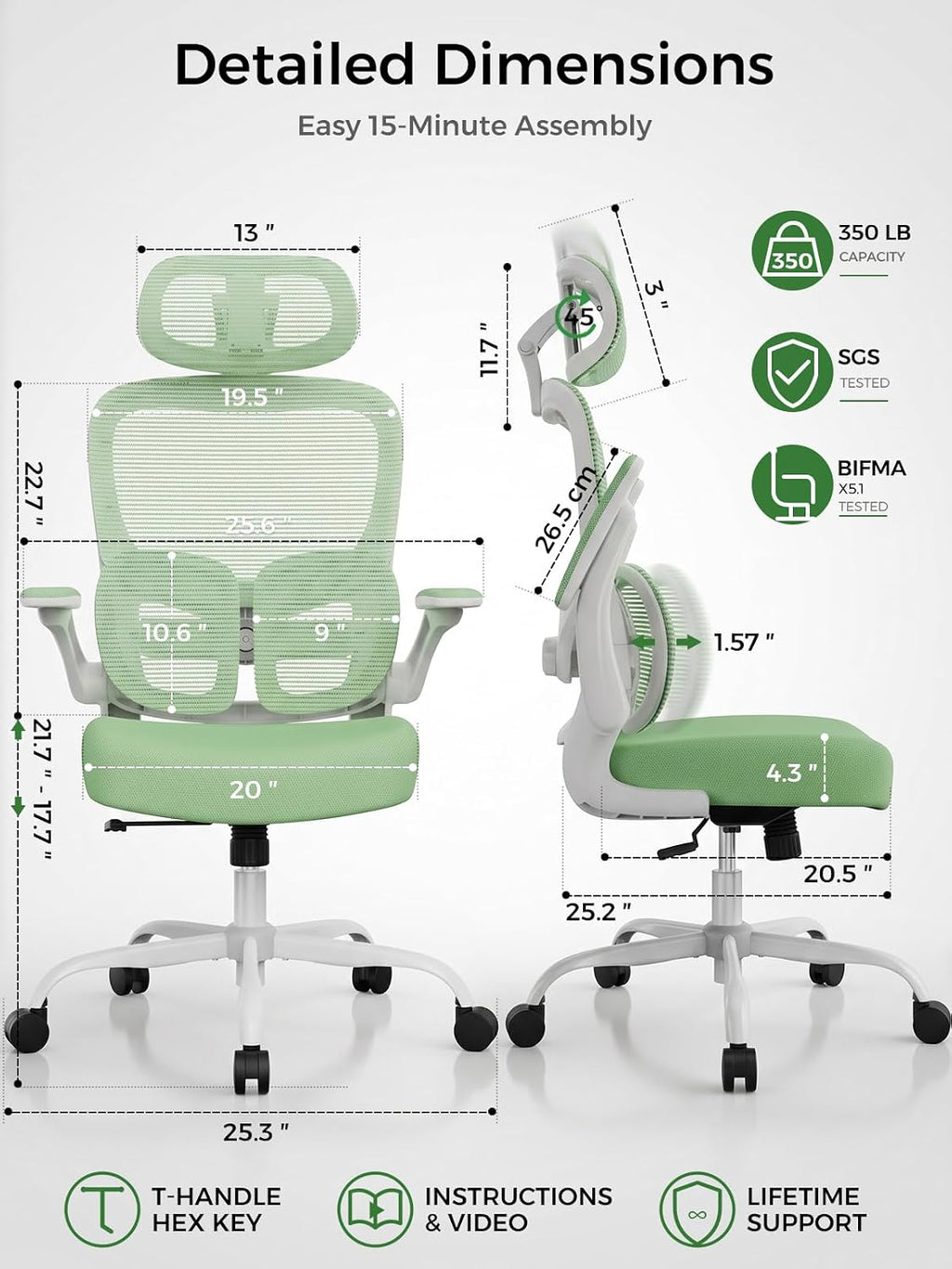 Ergonomic Office Desk Chair, Adjustable Dual Lumbar Support & Thick Seat