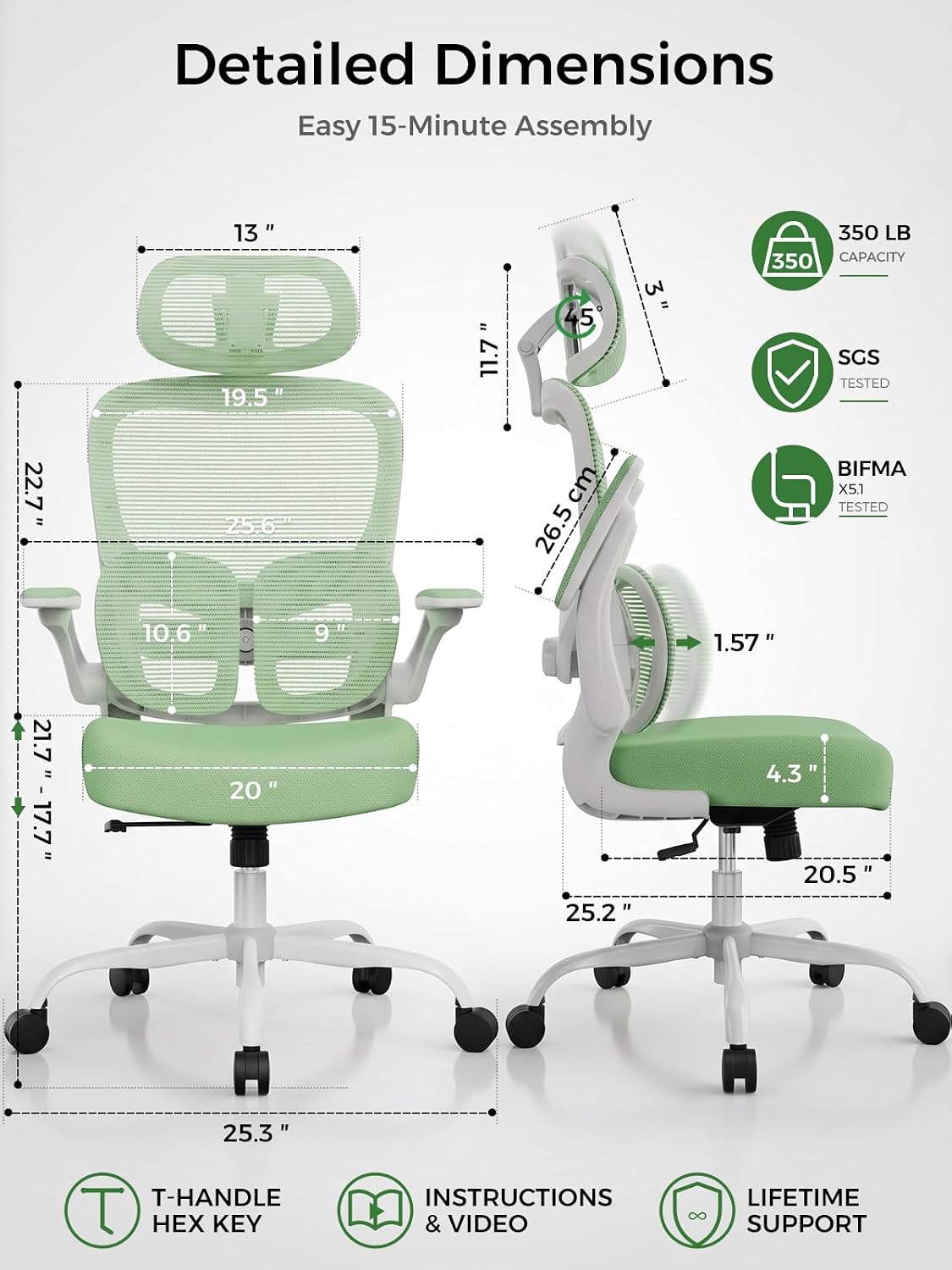 Ergonomic Office Desk Chair, Adjustable Dual Lumbar Support & Thick Seat