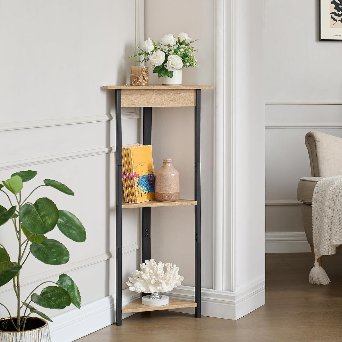 ZGREN 3 Tier High Tall Small Corner Shelf Stand Mini Table Display Storage Shelves for Small Spaces Bathroom, Living Room, Home Office