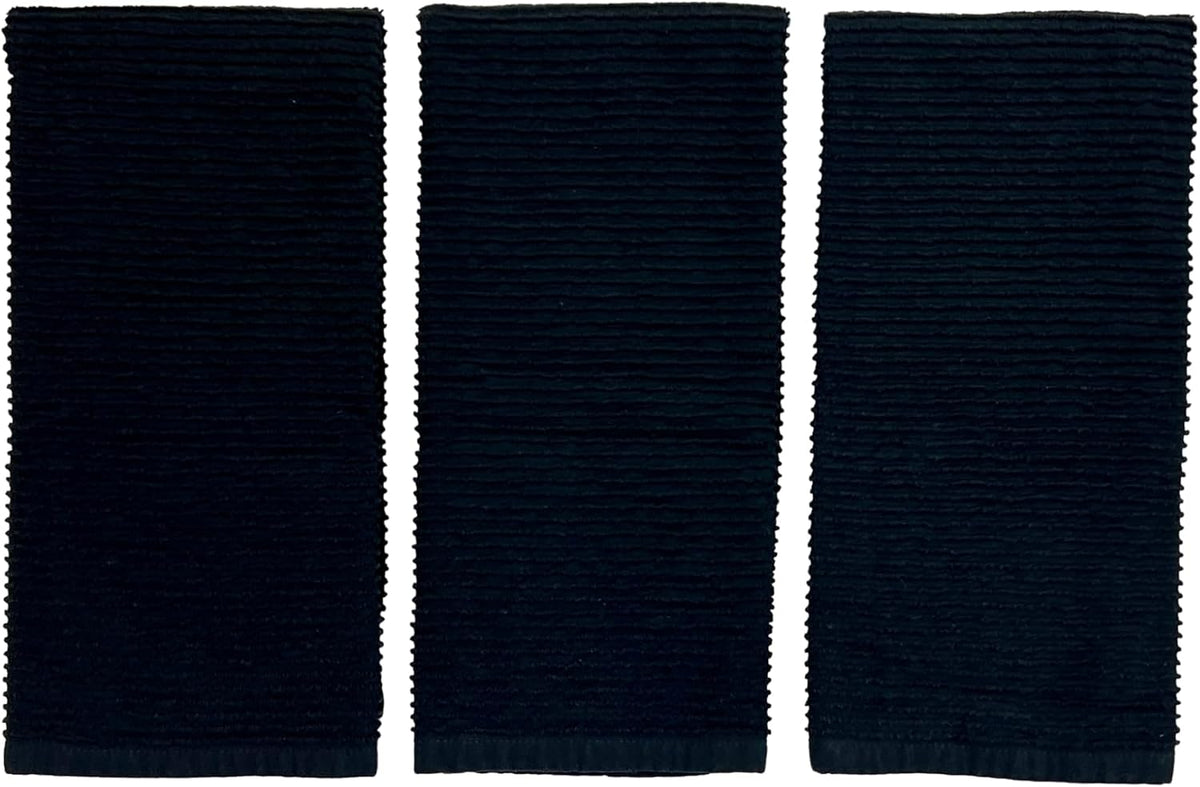Black Kitchen Hand Dish Towels, Set of 3, 100% Cotton, 18" x 28"