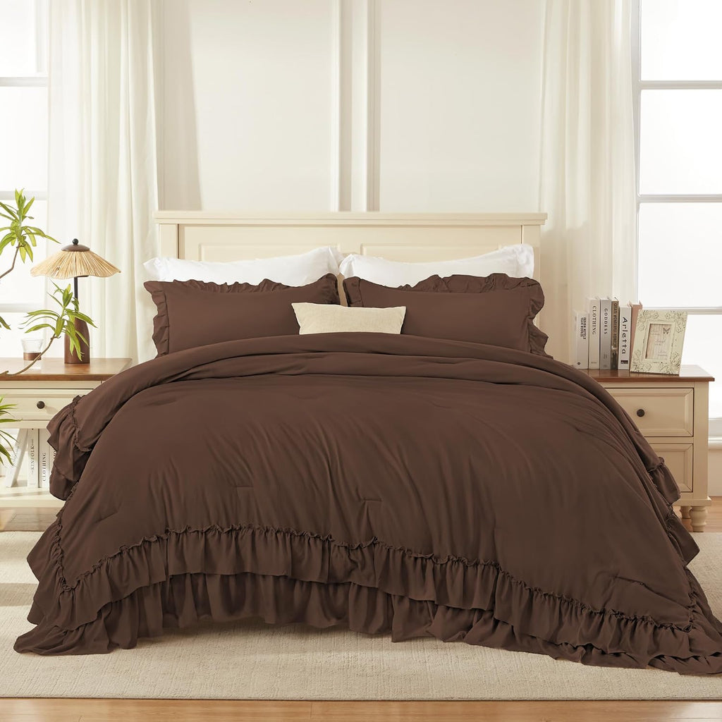 Andency Brown Twin Size Ruffle Comforter Set, 2 Pieces