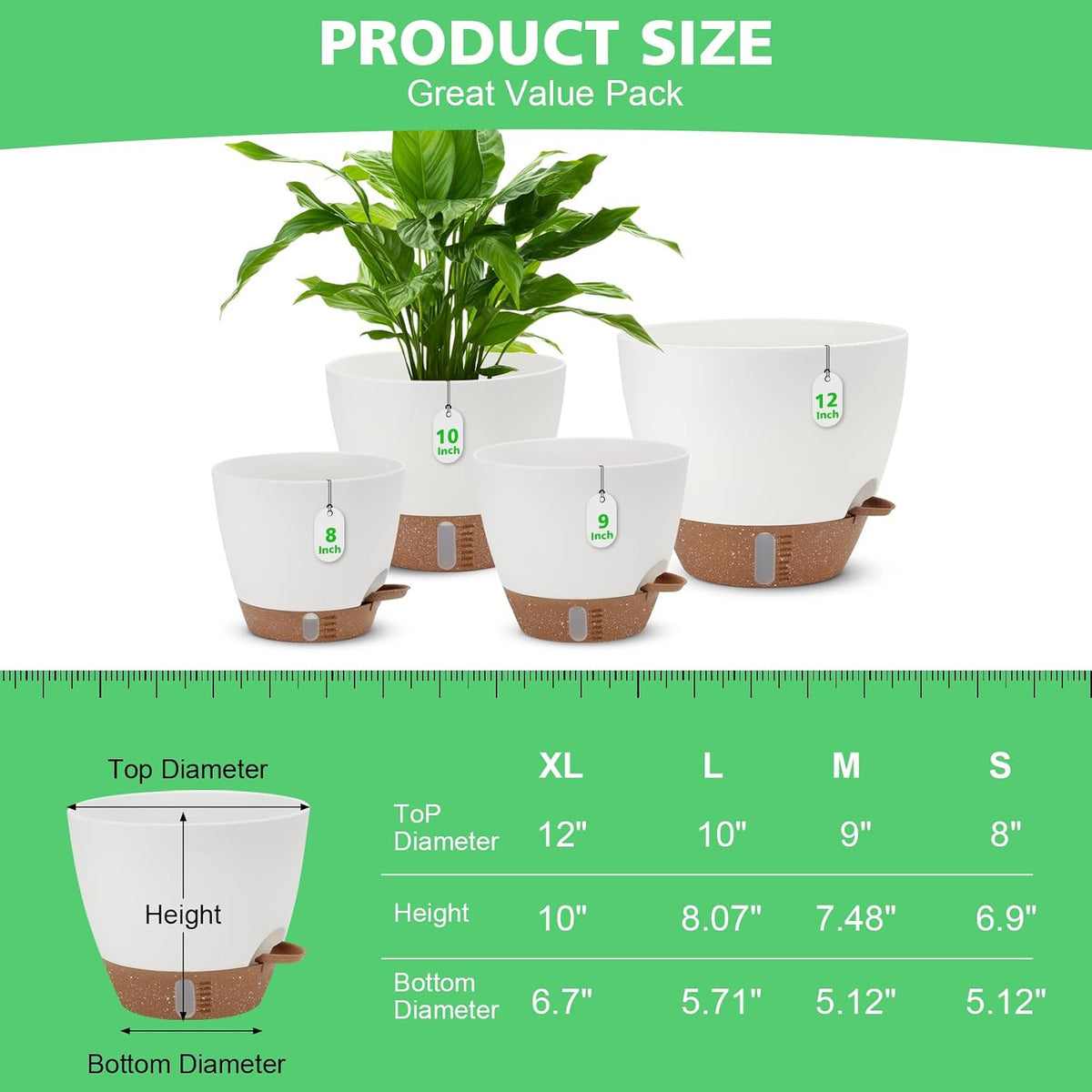 12" 10" 9" 8" Self Watering Pots with Water Level Indicator, Large Plastic Planters Set with Mesh Drainage Hole and Removable Saucer Reservoir, Big Flower Pot for Indoor Outdoor Plants - White