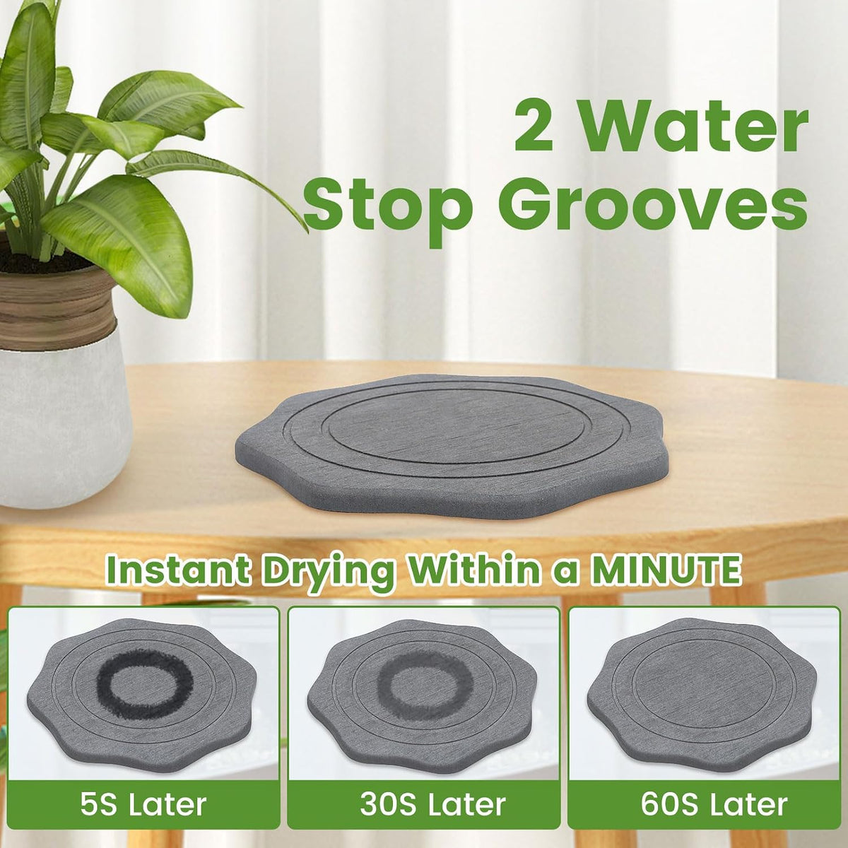 Plant Saucer for Indoors, 2 Packs 8 inch, Diatomaceous Earth Pot Saucers No Holes, Instant Dry Plant Drainage Trays for Pots, Dark Gray