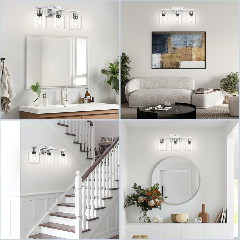Modern Brushed Nickel 3 Light Bathroom Light Fixtures,19 inch Vanity Lights For Bathroom With Clear Glass, Bathroom Lighting Fixtures Over Mirror For Mirror Kitchen Living Room Hallway Cabinet Porch