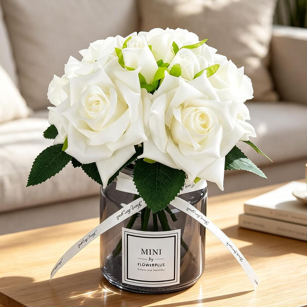 XIAYAN Artificial Flower and Glass vase, Silk Rose Flower Glass Bottle Set, Suitable for Living Room, Dining Table, Office, Wedding, Hotel Banquet and Family Decoration. (White)………