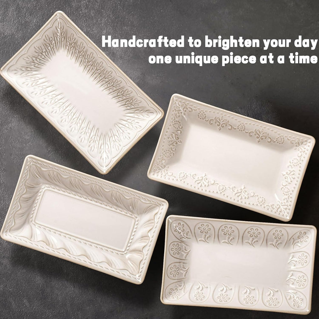 Artena Embossed Rectangular Ceramic Serving Platters Set of 4, 9.85" White