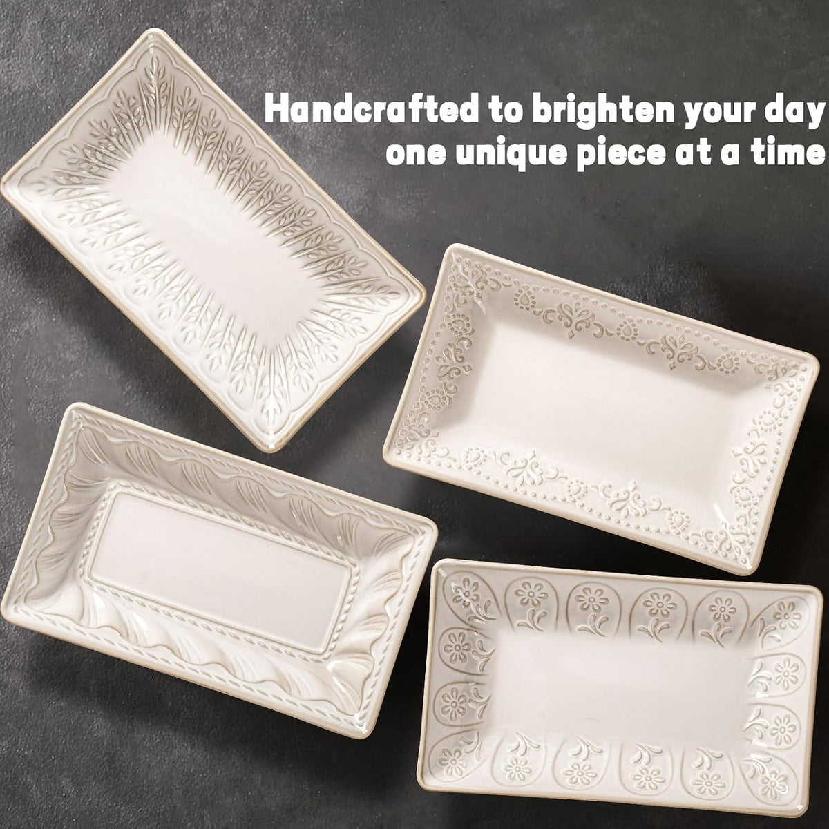Artena Embossed Rectangular Ceramic Serving Platters Set of 4, 9.85" White