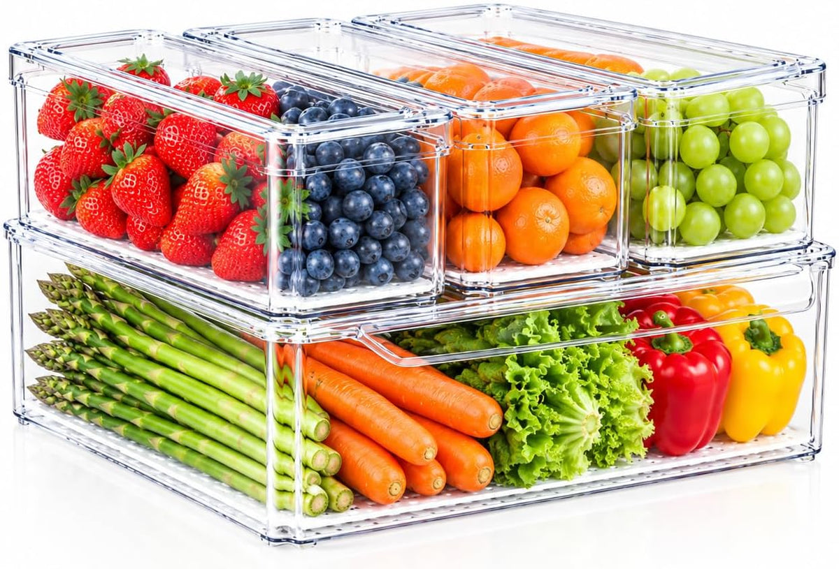 ZIJUND 14 Pack Fridge Organizer Bins with Lids, Stackable Clear Storage