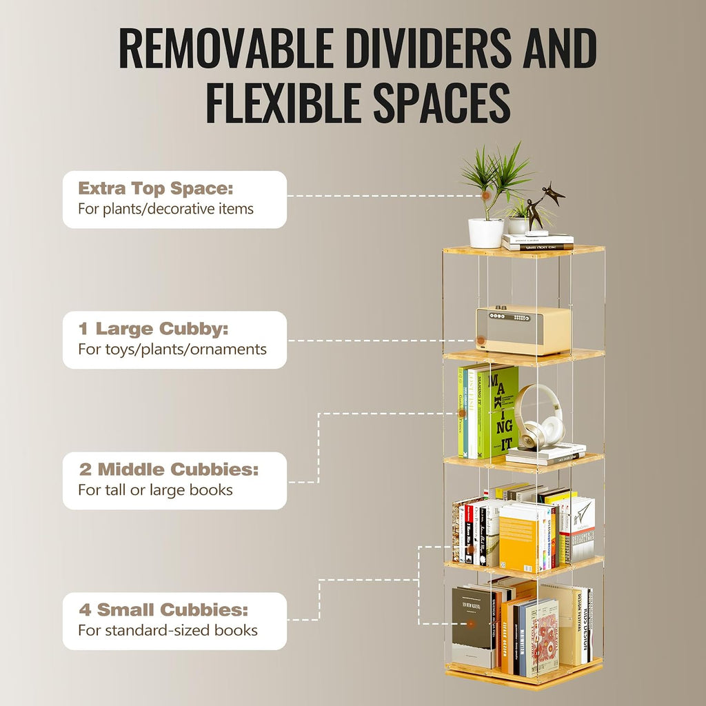 TAKEKIT Rotating Bookshelf, 360 Degree Revolving Bookcase, 4-Tier Spinning Bookshelf, Clear Acrylic & Solid Wood Rotating Bookcase for Kid’s Playroom, Bedroom and Living Room, Square