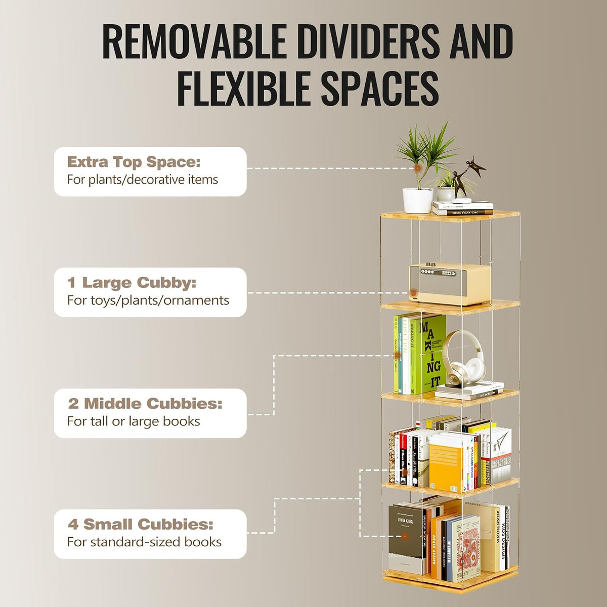 TAKEKIT Rotating Bookshelf, 360 Degree Revolving Bookcase, 4-Tier Spinning Bookshelf, Clear Acrylic & Solid Wood Rotating Bookcase for Kid’s Playroom, Bedroom and Living Room, Square
