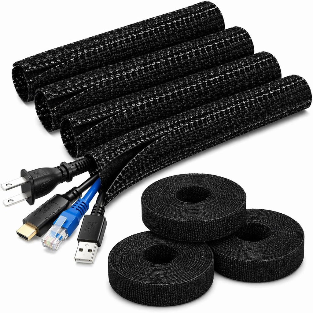 Cable Management Kit – 4 Pack 3FT Cord Sleeves + 3 Roll Reusable Cable Ties, Wire Organizer Wrap for TV, Desk, Computer, Home & Office, Black