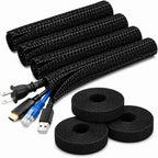 Cable Management Kit – 4 Pack 3FT Cord Sleeves + 3 Roll Reusable Cable Ties, Wire Organizer Wrap for TV, Desk, Computer, Home & Office, Black