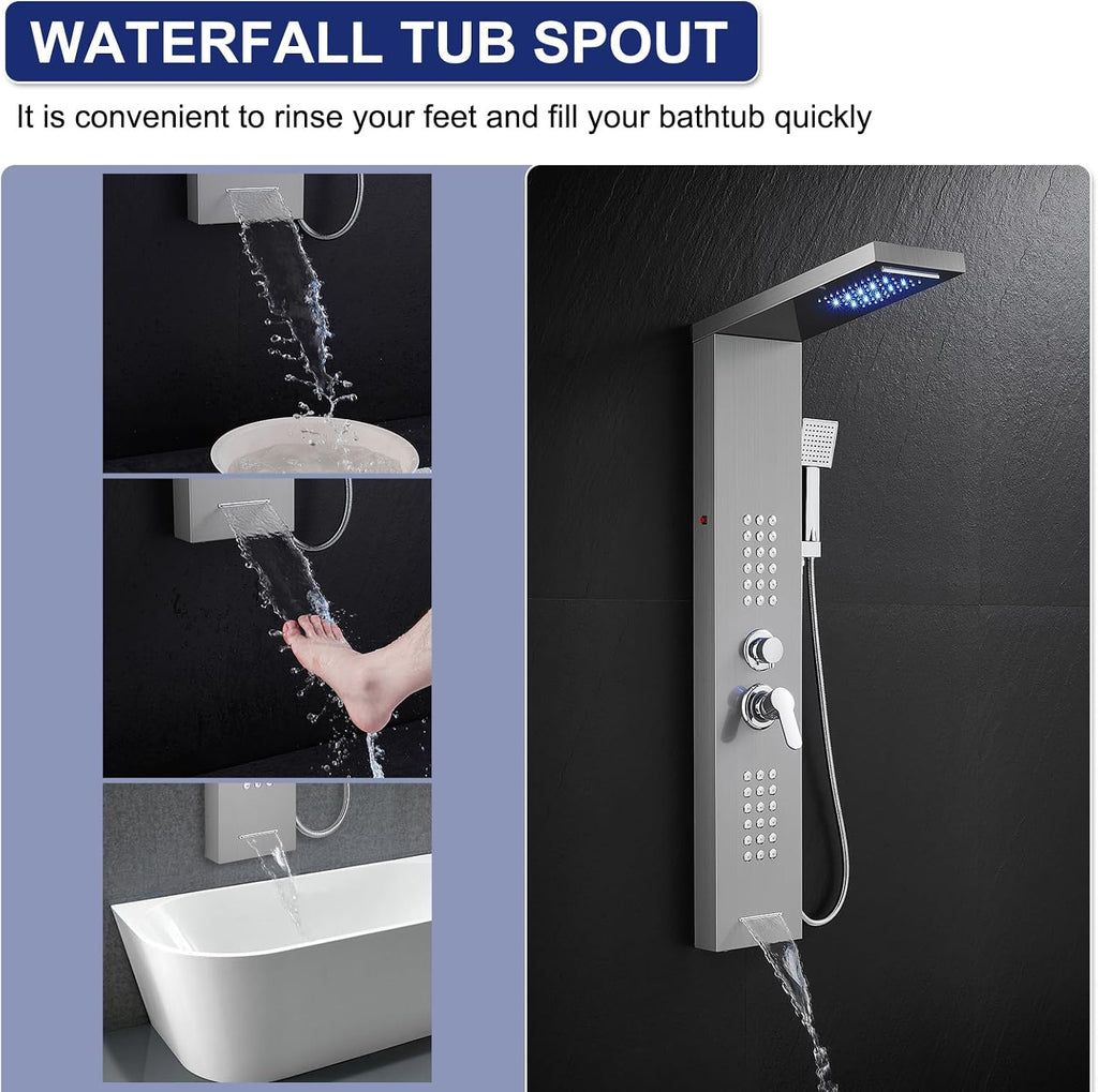 ROVATE 5 in 1 Shower Panel Tower System with LED Lights, Brushed
