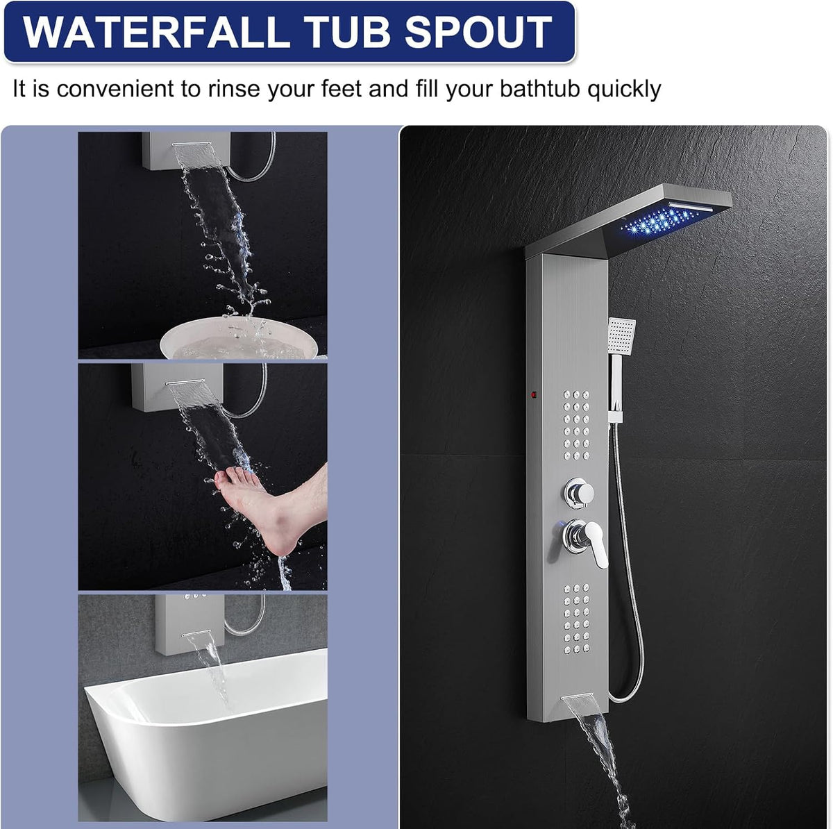 ROVATE 5 in 1 Shower Panel Tower System with LED Lights, Brushed