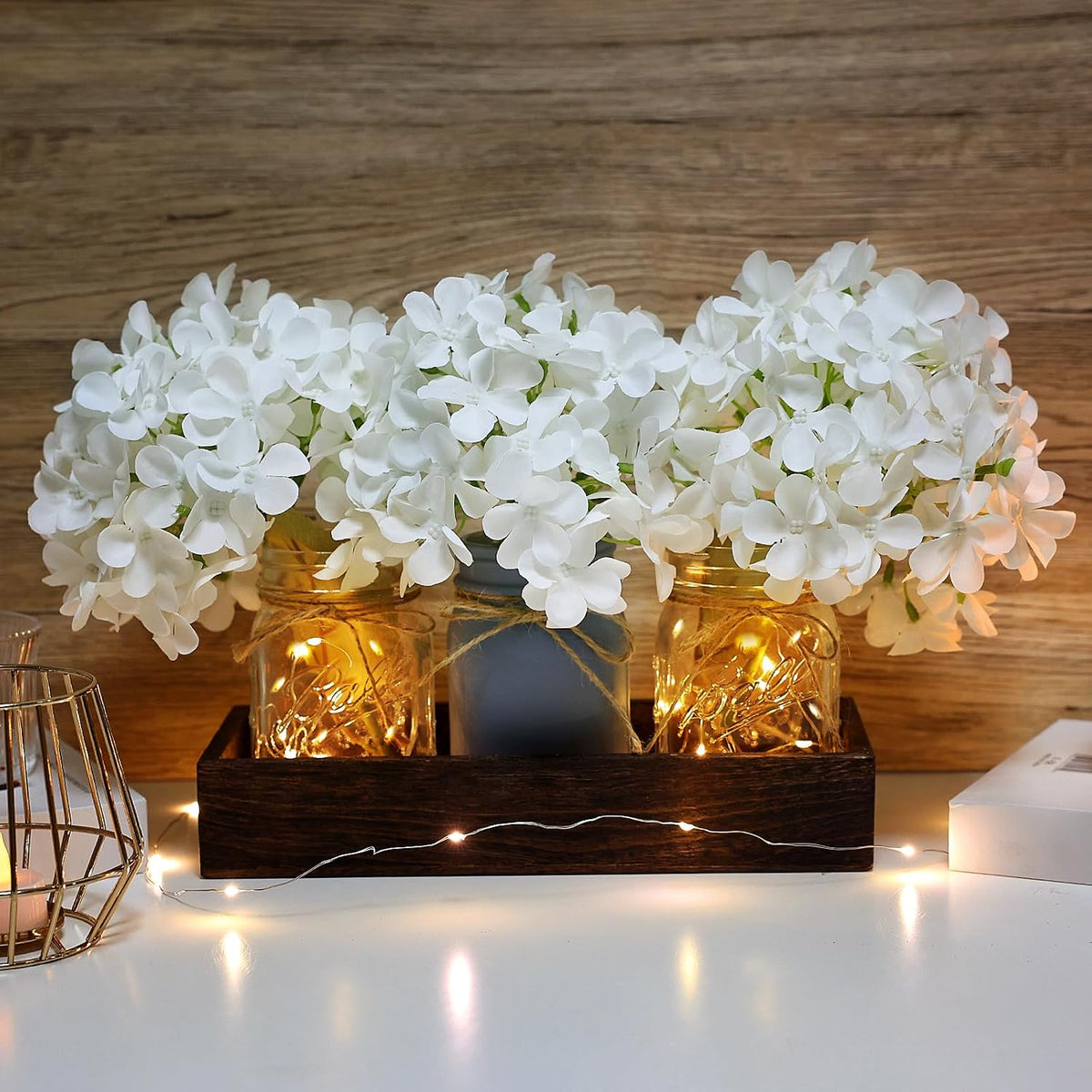 White Mason Jar Centerpiece for Table Kitchen Table Decor with Light