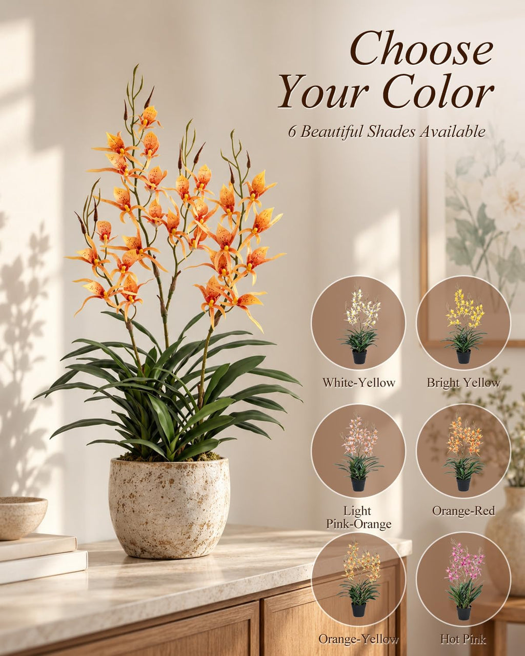 Artificial Dendrobium Orchid with Black Pot, Orange-Red Fake Orchid, Fake Plants for Dining Room, Farmhouse & Fall Harvest Decor, Set of 1