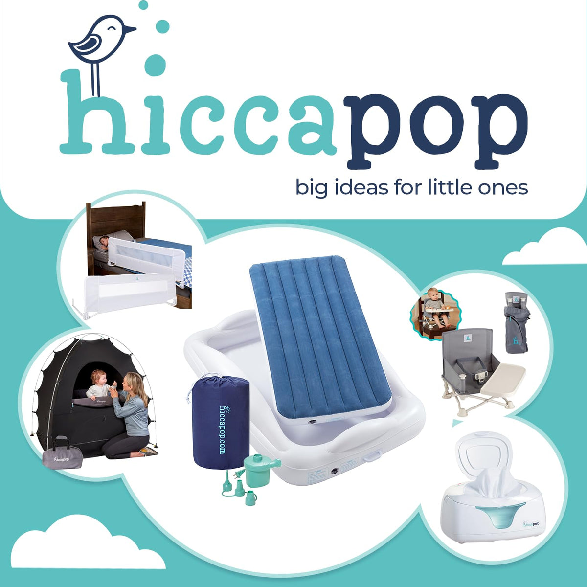 Hiccapop Inflatable Toddler Bed with Safety Bumpers, Kids Travel Bed, Blue