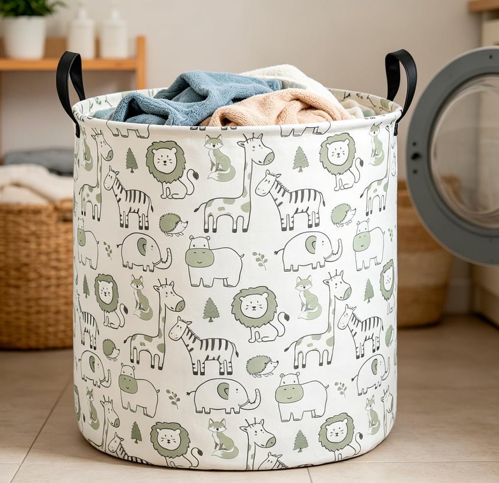 CLOCOR Laundry Basket,Collapsible Storage Baskets,Room Decor,Gift Basket（Green Animals
